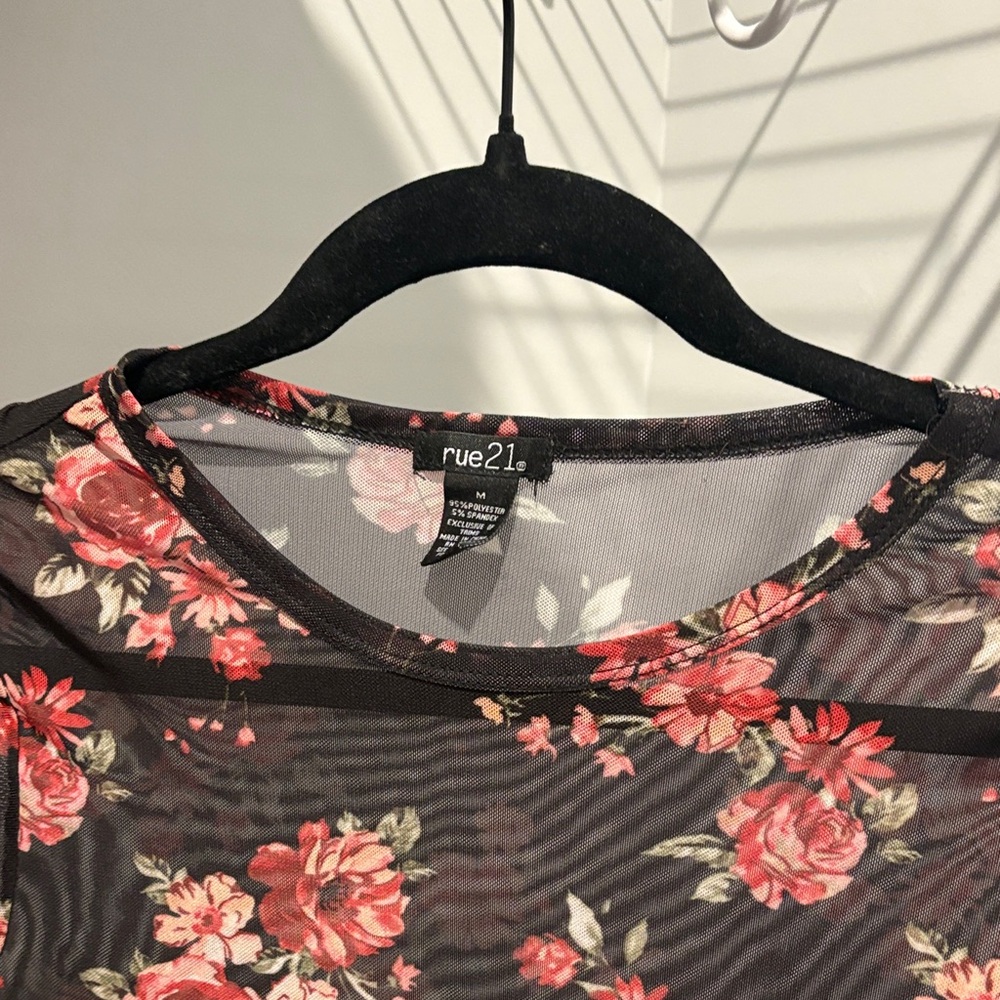 Rue21 Black Mesh Floral Long-Sleeve Bodysuit with Red Roses - Picture 2 of 2